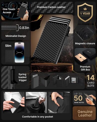 حامل بطاقات محفظة رجالي من typecase: حافظة ألومنيوم منبثقة، جلد طبيعي، ذكي، حجب RFID، نحيف، بسيط، جيب أمامي - سعة البطاقة 9-14 | نافذة الهوية | فتحة النقدية (ألياف الكربون) in Saudi Arabia