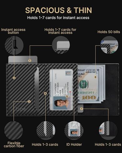 حامل بطاقات محفظة رجالي من typecase: حافظة ألومنيوم منبثقة، جلد طبيعي، ذكي، حجب RFID، نحيف، بسيط، جيب أمامي - سعة البطاقة 9-14 | نافذة الهوية | فتحة النقدية (ألياف الكربون) in Saudi Arabia