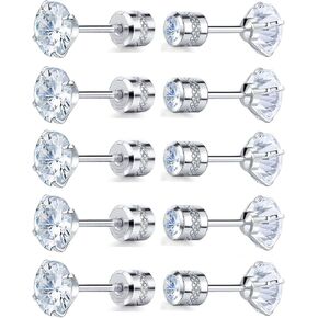Pack of 5 Cubic Zirconia Screw Back Earrings Hypoallergenic for Sensitive Ears