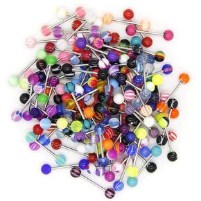 CrazyPiercing Wholesale 14g Tongue Ring Barbells 110/130/150/200Pcs Stainless Steel Bar Tongue Rings Assorted Colors without Repeating for Women Man