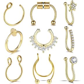 Faux Nose Septum Fake Nose Rings Fake Nose Piercing Studs Rings Stainless Steel Faux Nose Hoop Rings Non Piercing Jewelry for Women Men