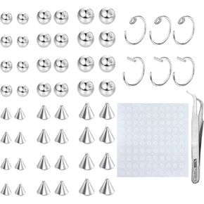 TEN MIRO Fake Eyebrow Ring Fake Lip Labret Studs Replacement Balls Spike with 100Pcs Sticker Non-Piercing Nose Rings Hoop Body Jewelry Skin 3MM 4MM 5MM(Silver)