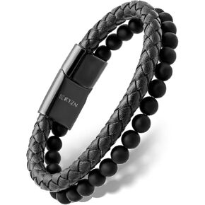 RTZN® Black Leather Bracelets for Men – Premium Artisan Handcrafted Collection – Single, Stacked, & Double Strand Braided Leather, Onyx Stone & Silver Chain Designs – Authentic Men's Leather Bracelets