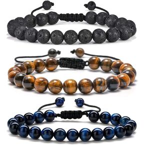 M MOOHAM Natural Stone Bracelets for Men - 8mm Tiger Eye | Matte Agate | Lava Rock Bracelets for Men Teen Boys Gifts Birthday Anniversary Christmas Gifts for Men Teens