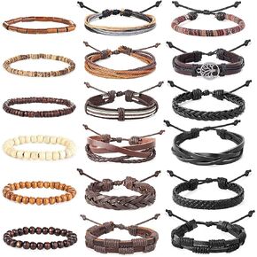 HANPABUM 18pcs Braided Leather Bracelets for Men Women Woven Cuff Wrap Bracelet Wood Beads Ethnic Tribal Bracelets Adjustable