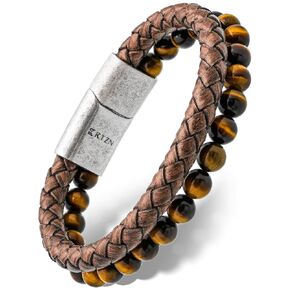 RTZN® Brown Leather Bracelet for Men – Premium Artisan Handcrafted Double Strand Braided Leather Bracelet – Authentic Stacked Brown Mens Leather Bracelet (Medium)