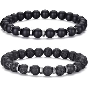 RANKEEF Tiger Eye Bracelet For Men 8MM Natural Stone Beads Bracelet Set Stretch Lava Rock Bracelets Adjustable Black Crystal Beaded Bracelet for Men Women Gifts