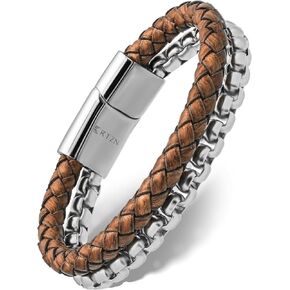 RTZN® Brown Leather Bracelet for Men – Premium Artisan Handcrafted Double Strand Braided Leather Bracelet – Authentic Stacked Brown Mens Leather Bracelet (Medium) in Kuwait