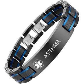 Black Blue Free Custom Engraved Emergency Medical Alarm ID Men's Bracelet