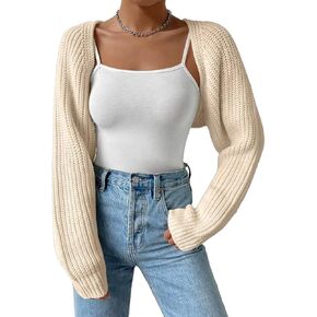 Women Open Front Ribbed Knit Crop Bolero Drop Shoulder Long Sleeve Solid Loose Fit Knitted Crop Cardigan Shrug