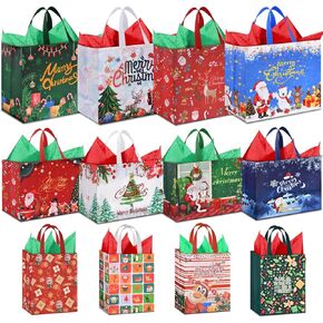 AhfuLife 12PCS Extra Large Christmas Gift Bags, 15.7'' x 14.2''x 5.9'', Christmas Tote Bags with Handles, Reusable Non-woven Christmas Shopping Bags for New Year, Xmas's Party Supplies Decorations