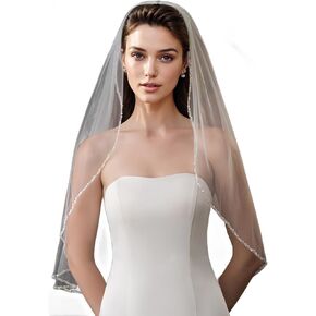 Wedding Veil Pearls and Crystals Beaded Edge 1 Tier Fingertip Length Bridal Veil
