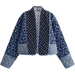 Wyeysyt Women's Cropped Puffer Quilted Jacket Cardigan Floral Printed Lightweight Long Sleeve Open Front Short Padded Coats