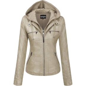 Springrain Women's Faux Leather Jacket Moto Biker Coat with Detachable Hood Motorcycle Jacket