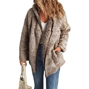 Dokotoo Womens 2024 Winter Long Sleeve Solid Fuzzy Fleece Open Front Hooded Cardigans Jacket Coats Outerwear with Pocket