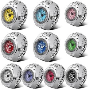 10 Pcs Finger Watches Ring for Women Men Adjustable Clock Rings Bulk Creative Elastic Round Quartz Finger Ring Watches