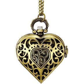 VIGOROSO Women's Pocket Watch, Analog Display, Quartz Movement, Silver Stainless Steel, Heart Pendant Necklace, Unisex Accessory, Valentines Day Gifts