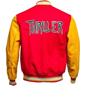 سترة Thriller MJ - سترة بومبر فارسيتي ليترمان من الجلد الأصفر والصوف الأحمر