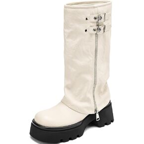 Knee High Boots Women Fold Over Boots for Women Platform Lug Sole Buckle Moto Biker Boots Round Toe Dress Riding Boots