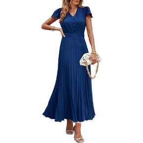 PRETTYGARDEN Women's Summer Maxi Dresses 2025 Trendy Casual Button V Neck Ruffle Cap Sleeve Long Flowy Pleated Dress
