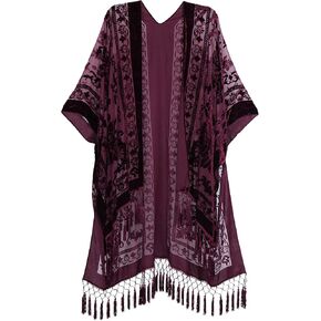 WeHello Women's Burnout Velvet Kimono Long Cardigan Cover Up with Tassel (Burgundy)