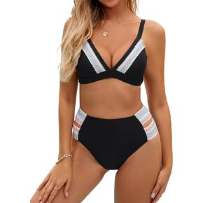BMJL Women's High Waisted Bikini Sets V Neck Color Block Swimsuit Sexy Two Piece Bathing Suit