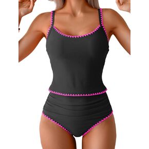 Eomenie Tankini Swimsuit for Women Tummy Control Ruched Two Piece Bathing Suits High Waisted Shell Stitch Swimwear