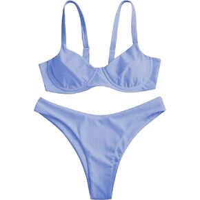 ZAFUL Women's Ribbed Underwire Bikini Set High Cut Colorblock V Notch Swimwear Printed High Leg Swimsuit
