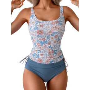 Eomenie Women's Tankini Swimsuit Tummy Control Ruched Two Piece Bathing Suit Drawstring Swimwear with High Waisted Bottom