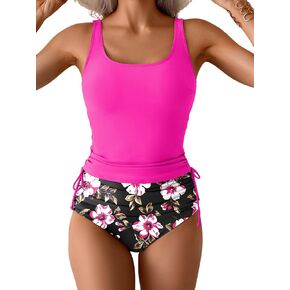 Eomenie Women's Tankini Swimsuit Tummy Control Ruched Two Piece Bathing Suit Drawstring Swimwear with High Waisted Bottom