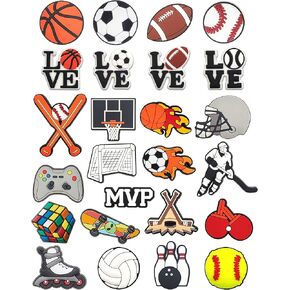 25Pcs Shoe Charms for Boys Shoe Decorations Football Basketball Baseball with Buttons for Clog Sandals Birthday Party Gift
