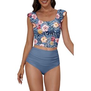 Eomenie Tankini Swimsuits for Women Ruched Tummy Control Bathing Suit Two Piece Swim Tank Top with High Waisted Bottom
