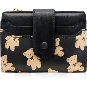 Cute Wallet for Women, Bear Print Zip Bifold Wallet with Front Card Slot, ID Window, Cash Slot, Short Women Wallet Elegant Youthful and Cute (Brown)