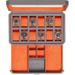 ROTHWELL 12 Slot Leather Watch Box with Valet Drawer - 12 Slot Luxury Watch Case Display Organizer, Microsuede Liner, Mens Accessories Holder, Jewelry Case, Jewelry Display Organizer (Tan/Brown)