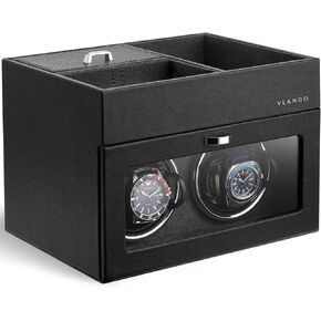 Vlando Automatic Double Watch Winder - Watch Winder Box with Men Jewelry Organizer Tray, Japanese Quiet Motor, LED Light, Adjustable Watch Pillows - Black