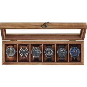 SONGMICS Watch Box, 12-Slot Watch Case, Solid Wood Watch Box Organizer with Glass Lid, Watch Display Case with Removable Pillows, Gift for Loved Ones, Rustic Walnut UJOW120K01