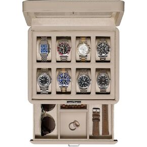 ROTHWELL 8 Slot Leather Watch Box with Valet Drawer - Luxury Watch Case Display Jewelry Organizer, Locking Watch Display Case Holder with Real Glass Top - Watch Box Organizer for Men & Women (Carbon)