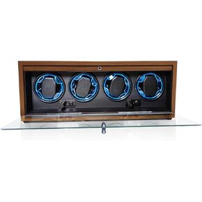 4 Slots Automatic Watch Winder, Wooden Watch Box with Serenity Blue Backlight, Quiet Motor, Open Lid Stop Tech, Soft Watch Pillows for Women and Man Watches, USB Powered Supply