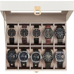 SONGMICS Watch Box, 10-Slot Watch Case with Large Glass Lid, Removable Watch Pillows, Watch Box Organizer, Gift for Loved Ones, Black Synthetic Leather, Gray Lining UJWB010BK