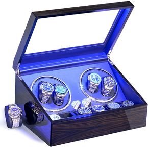 ANWBROAD Watch Winder for Automatic Watches 4 Watch Rotator and 6 Extra Storages with Super Quiet Mabuchi Motor LED Backlight Watch Turner Piano Paint Watch Shaker 4 Rotating Modes Gift USB UJWW002E