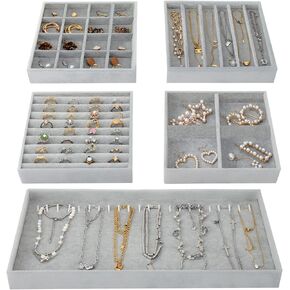 Fixwal Jewelry Tray, Set of 5 Jewelry Tray for Drawer, 14in Stackable Jewelry Organizer, Jewelry Storage for Earring, Necklace, Bracelet, Watch with Removable Divider, Grey