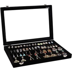 Wudygirl Earring Organizer Tray Jewelry Organizer 32 Pairs Earring Box Organizer Black Velvet Jewelry Display Case with Transparent Lid(Black Earring Storage)
