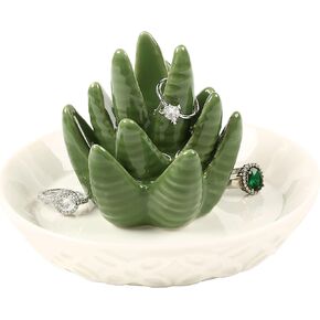 HOME SMILE Ceramic Cactus Ring Holder with Derorative White Dish for Jewelry,Christmas Birthday Gifts for Women