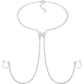 D.Bella Fake Piercing with Chain Fake Rings for Women Non Piercing Ring with Butterfly Necklaces Adjustable Ring Fake Ring Non Piercing Jewelry