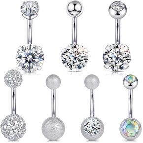 Wssxc 14G Hypoallergenic Surgical Steel Belly Button Ring Cubic Zirconia Belly Button Barbs Body Piercing Set 7Pcs