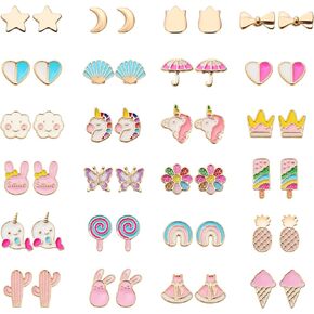 24 Pairs Hypoallergenic Stud Earrings Set for Girls Sensitive Ears With Stainless Steel Post Colorful Cute Earrings for Girls Women