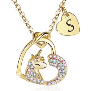 Unicorn Gifts for Little Girls Jewelry - 14K Gold Plated Unicorn Necklace With Initial Personalized Gifts for Preteen Girls Heart CZ Pendant Hypoallergenic Unicorns Jewelry Birthday Gifts for Girls