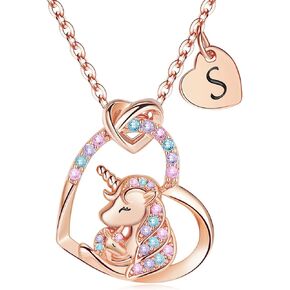 Unicorn Gifts for Little Girls Jewelry - 14K Gold Plated Unicorn Necklace With Initial Personalized Gifts for Preteen Girls Heart CZ Pendant Hypoallergenic Unicorns Jewelry Birthday Gifts for Girls