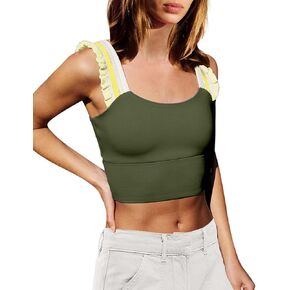 Wenlia Women's Cropped Tank Tops Sleeveless Stretchy Camisole Ruffle Wide Strap Cut Out Workout Gym Athletic Camis Shirt