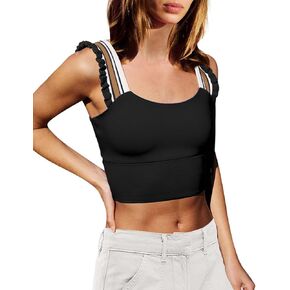 Wenlia Women's Cropped Tank Tops Sleeveless Stretchy Camisole Ruffle Wide Strap Cut Out Workout Gym Athletic Camis Shirt in Kuwait